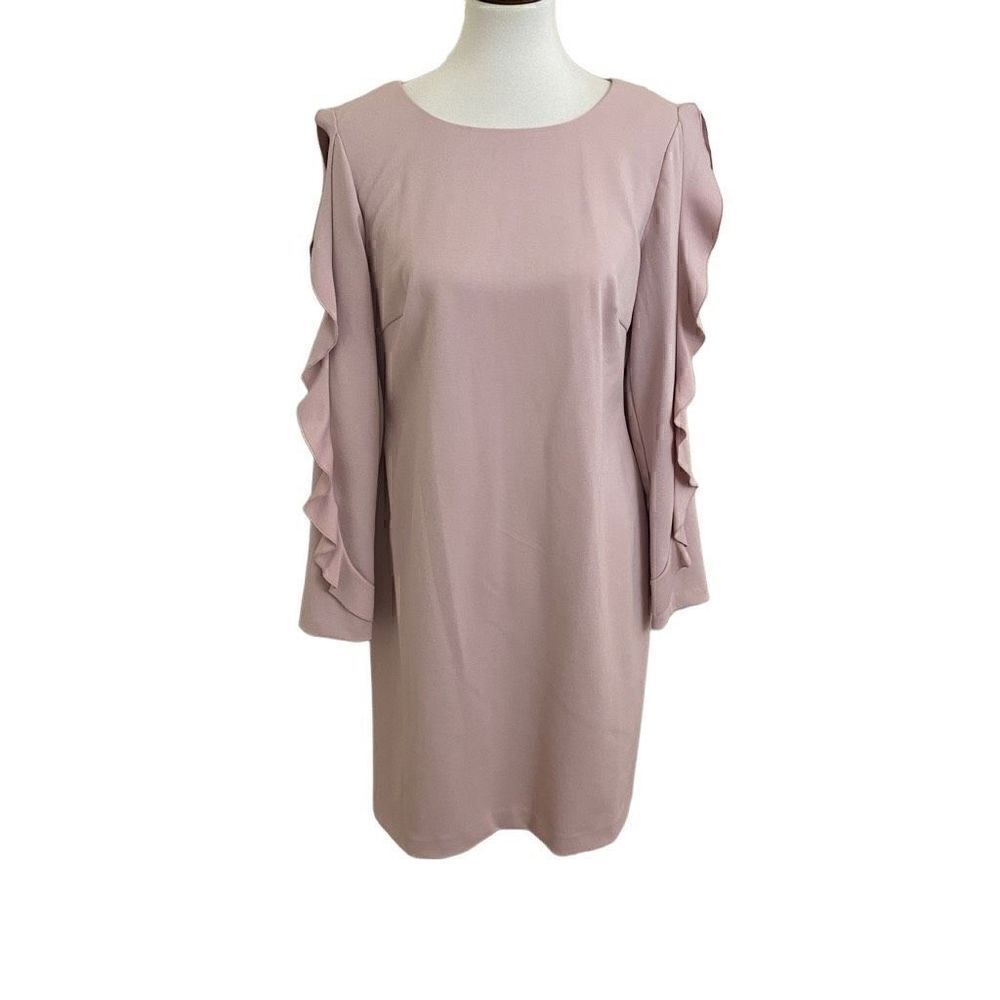 Donna Karan Long Sleeve Cold Shoulder Ruffle Shift Dress Size 12 Lilac
